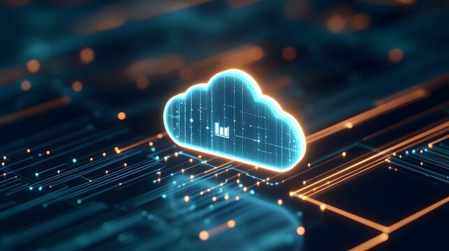 Futuristic digital cloud symbolizing cloud computing technology, with a glowing effect on a blue virtual background with intricate circuitry.