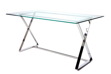 modern glass desk with a chrome frame, isolated on a white background.