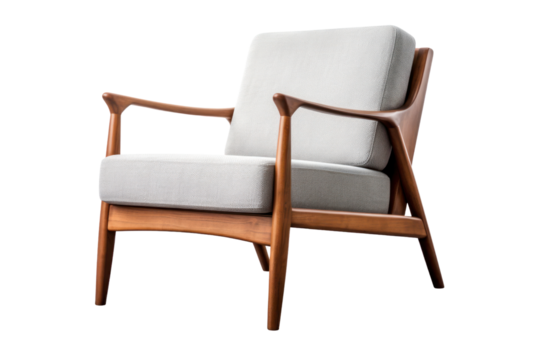modern mid-century style armchair with clean lines and a geometric design, isolated on a white background