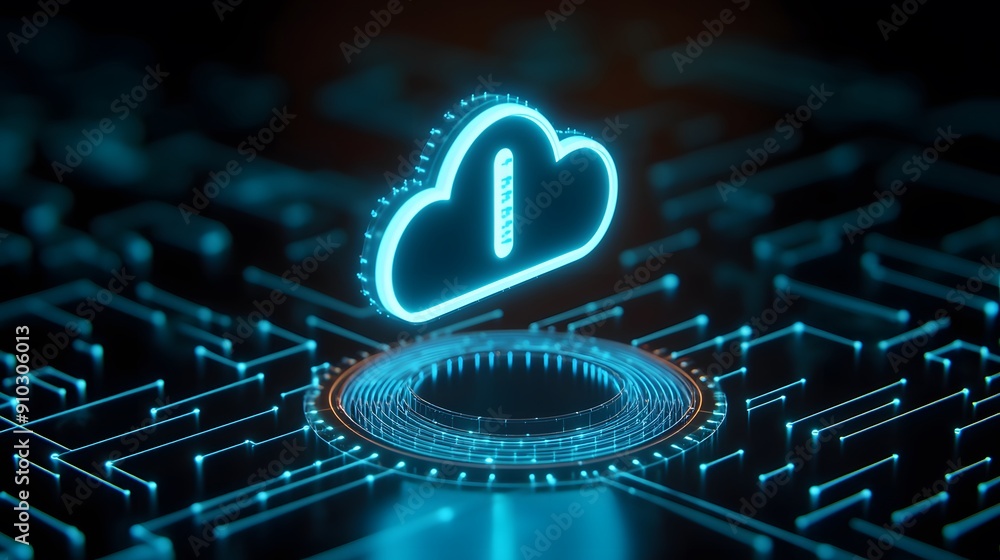 Poster futuristic digital cloud technology concept with glowing ai icon on abstract circuit board backgroun