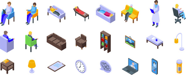 Psychologist office icons set. Psychotherapy treatment icons set, isometric style, various symbols of psychology and mental health