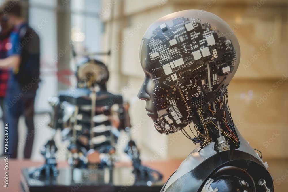 Poster mechanical robot head with numerous gears attached, showcasing intricate design and advanced technol