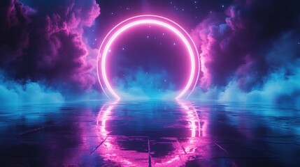 Futuristic Neon Circle with Blue and Pink Clouds