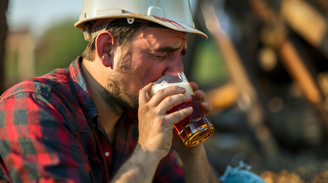 A construction worker in red, white, and blue takes a break and enjoys a cold beer after a long day of work. 
