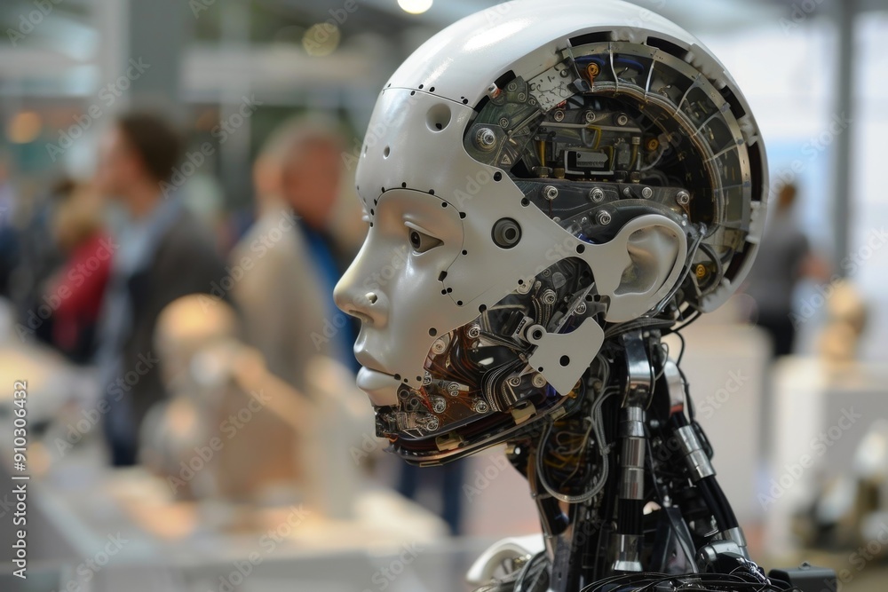 Poster a close-up of a robot head with numerous gears attached to its surface, machine learning models, ai 