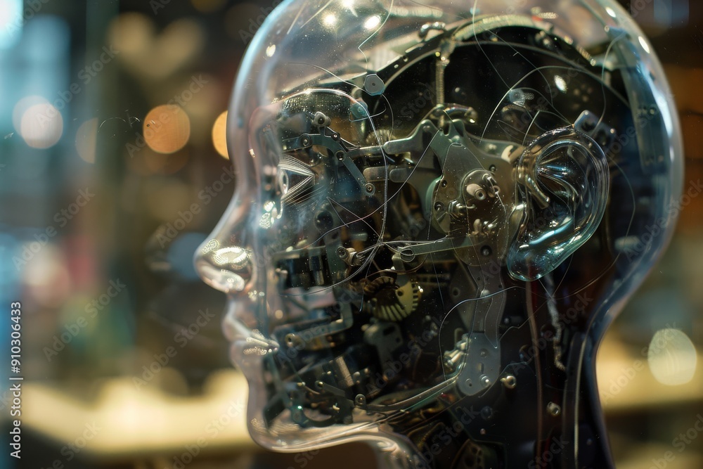 Poster an image of a mechanical robot head covered in multiple gears, machine learning models, ai generated
