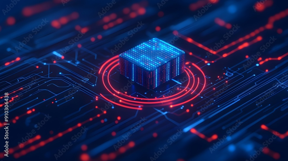 Poster futuristic digital concept of a glowing microchip and circuit board with a high-tech interface, symb