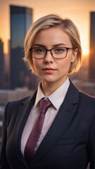 Portrait of a young woman with a short haircut in a business suit against the backdrop of a modern city.