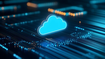 Futuristic digital concept of cloud computing, glowing blue cloud icon on a modern circuit board representing data storage.