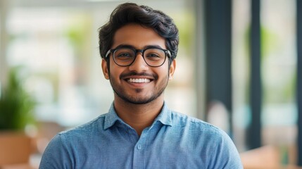 Obraz premium A person with glasses and a blue shirt smiles, providing a friendly and approachable expression