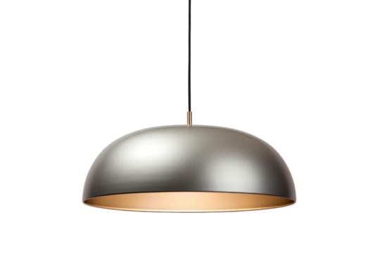 minimalist, modern pendant light with a sleek, metallic finish, isolated on a white background