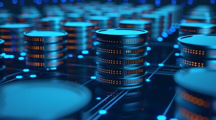 Futuristic digital currency concept with glowing coin stacks on a circuit board, symbolizing blockchain and cryptocurrency technology.