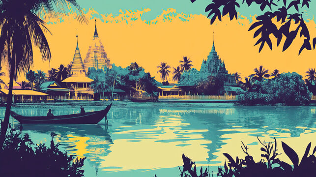 Risograph current riso print travel poster, card, wallpaper or banner illustration, modern, isolated, clear, simple of Sittwe, Myanmar. Artistic, screen printing, stencil