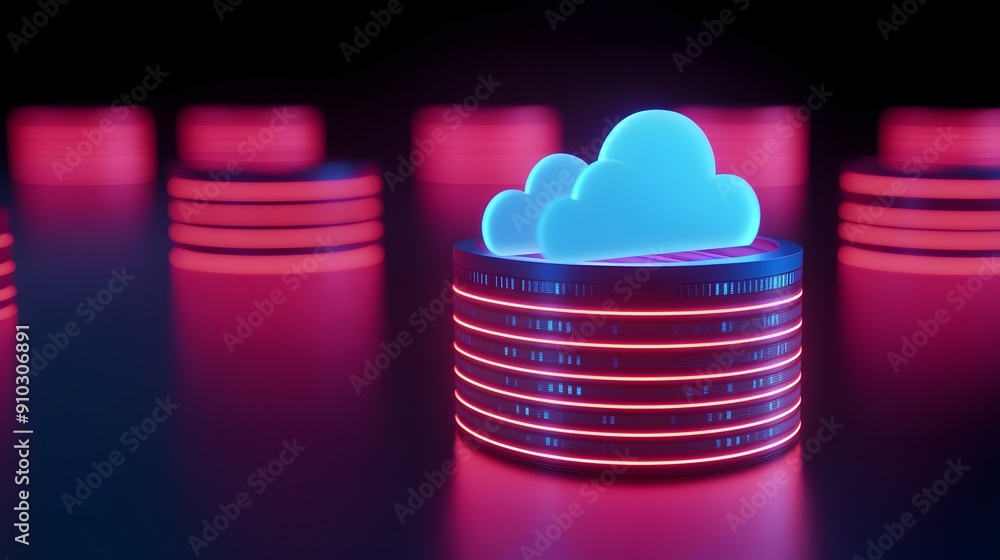 Poster futuristic digital data storage with glowing cloud icon, representing modern cloud computing technol