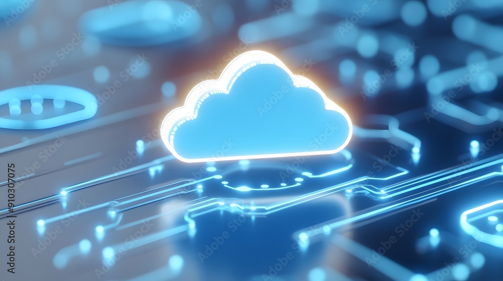 Poster futuristic digital illustration of a glowing cloud icon on a circuit board, representing cloud compu