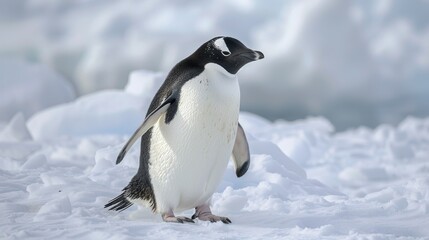 Naklejka premium Penguin Standing on Snowy Antarctic Ice.