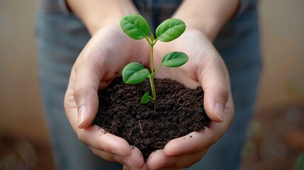 A nurturing hand holds a small plant, symbolizing growth, care, and environmental awareness in a natural setting.