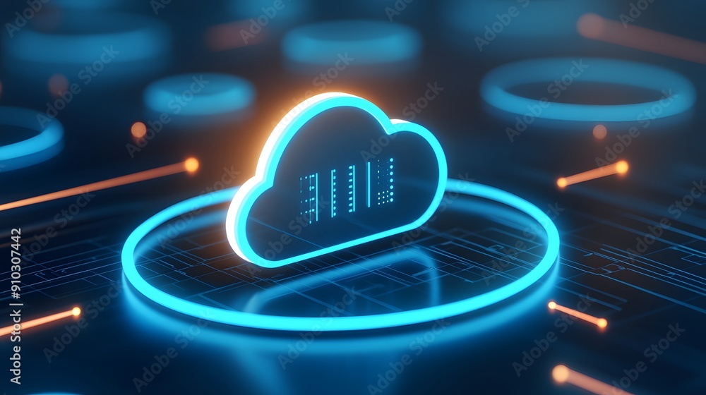 Poster futuristic digital representation of cloud computing technology, glowing neon cloud icon with data c