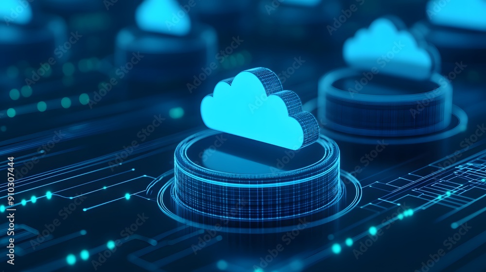 Poster futuristic digital representation of cloud computing technology, showcasing data storage and network