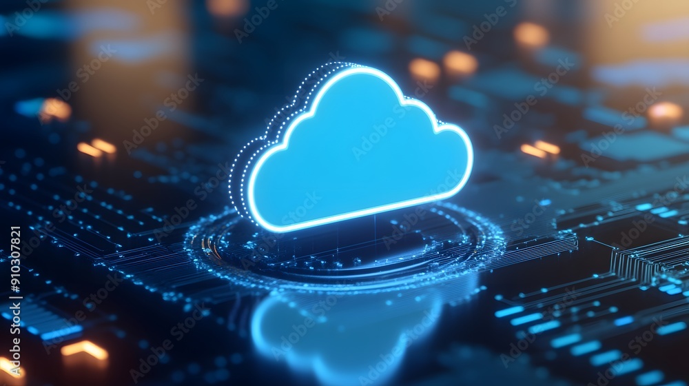 Poster futuristic digital visualization of cloud computing technology within a high-tech network, with a gl