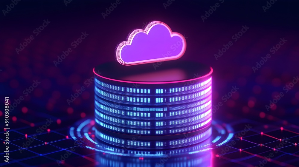 Poster futuristic glowing cloud computing data storage server concept with neon digital technology backgrou