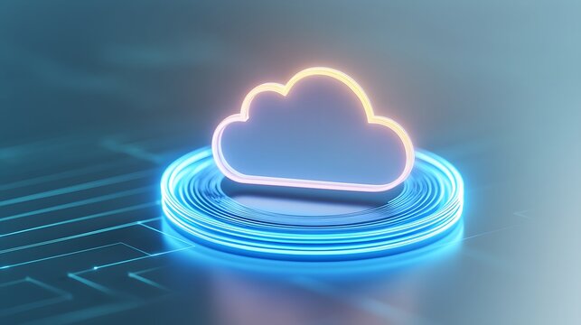 Futuristic glowing cloud computing concept with neon light, representing digital data storage and modern technology innovation.