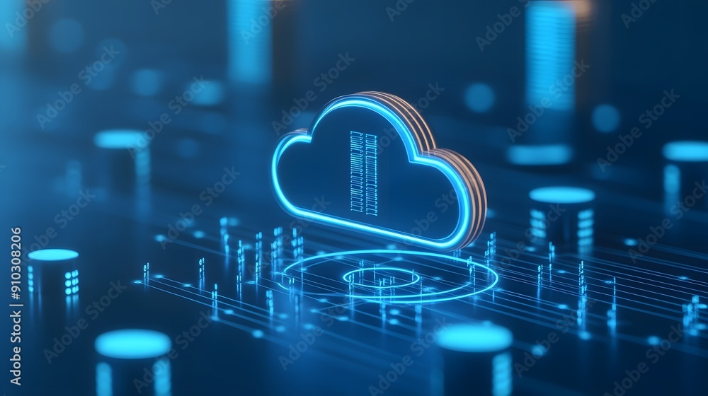 Poster futuristic glowing cloud computing technology concept, digital data storage and online network servi