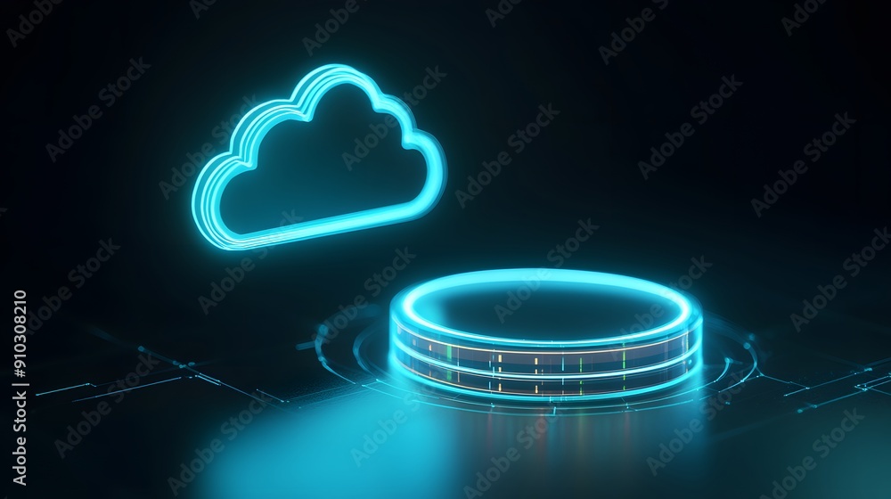 Poster futuristic glowing cloud computing technology concept. neon light cloud icon and platform on dark ba