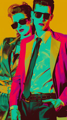 Fototapeta premium A stylish couple in a vibrant, retro-inspired portrait with bold colors, showcasing a modern take on classic fashion. 