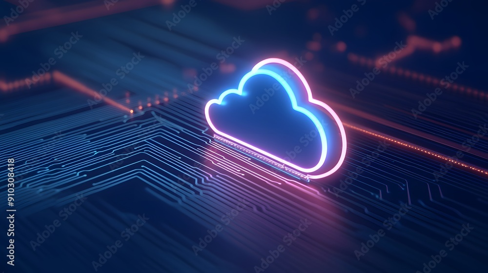 Poster futuristic glowing cloud icon on a dark circuit board background, representing cloud computing and d