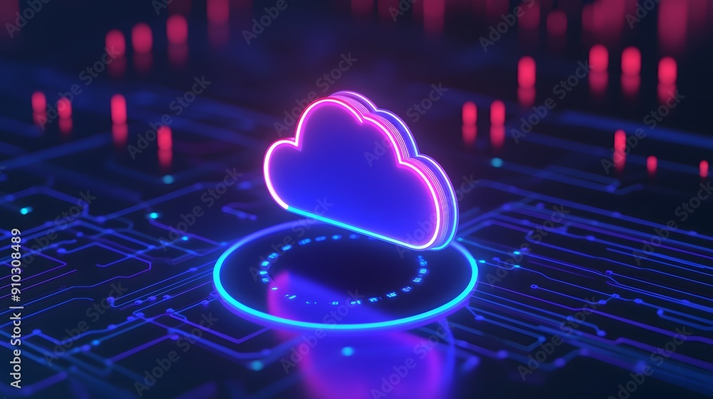 Poster futuristic glowing cloud icon on a digital circuit board, representing cloud computing and technolog