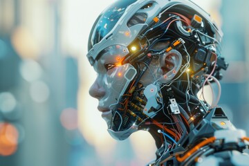 Fototapeta premium Robotic humans with cyber hardware in future technology, supported by artificial intelligence.