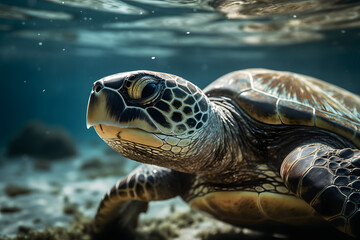 Turtle underwater, in the wild. Beautiful extreme close-up.