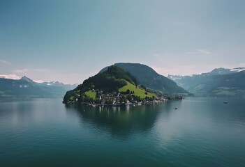 Naklejka premium switzerland aerial day calm beautiful sunny lake view europe lucerne Water Sky Summer Travel Nature City Landscape Sea Mountain Architecture Blue Ocean Vacation Modern Boat Yacht