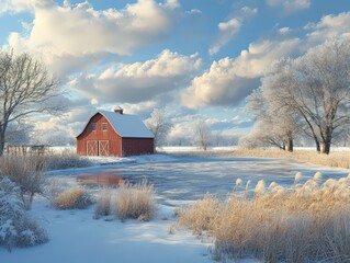 Rustic Red Barn in a Snowy Winter Landscape with Frosty Trees and a Frozen Pond Under a Blue Sky with Fluffy Clouds