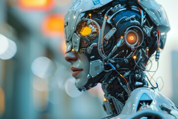 Fototapeta premium Robotic humans with cyber hardware in future technology, supported by artificial intelligence.