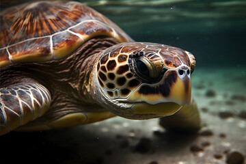 Fototapeta premium Turtle underwater, in the wild. Beautiful extreme close-up.