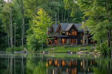 A serene lakefront house with lush greenery, Imagine the beauty of a serene lakeside retreat surrounded by lush forests., Ai generated