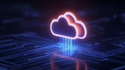 Futuristic glowing cloud icon representing cloud computing and digital data transfer on a dark tech background.