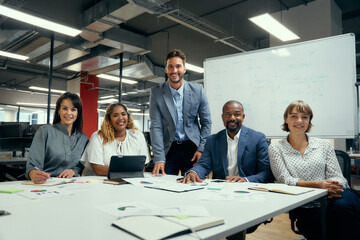 Group portrait of multiracial adults in businesswear smiling during business meeting in office