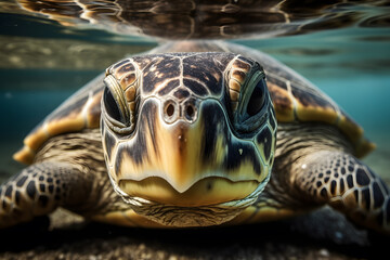 Fototapeta premium Turtle underwater, in the wild. Beautiful extreme close-up.