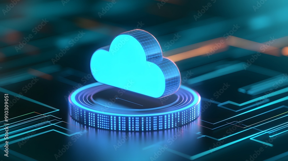 Poster futuristic glowing cloud icon symbolizing cloud computing and digital technology on a circuit board 