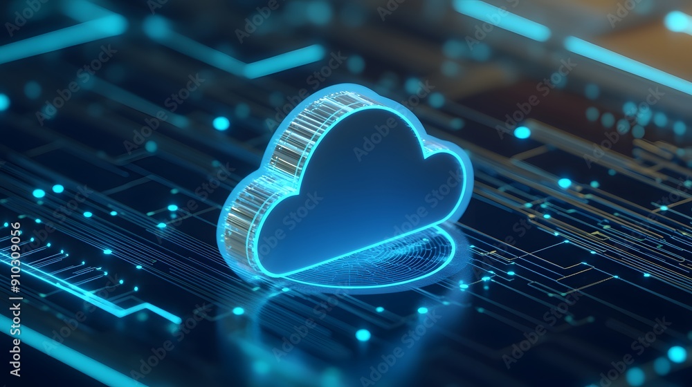 Aufkleber futuristic glowing cloud icon representing digital cloud computing and technology over a circuit boa