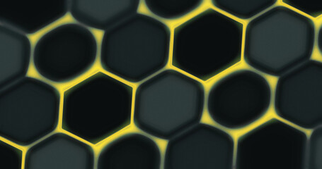 Abstract Honeycomb Pattern with Neon Glow, Black and Gold Hexagons,  Technology Wallpaper