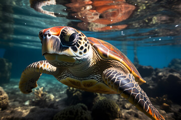Fototapeta premium Turtle underwater, in the wild. Beautiful extreme close-up.