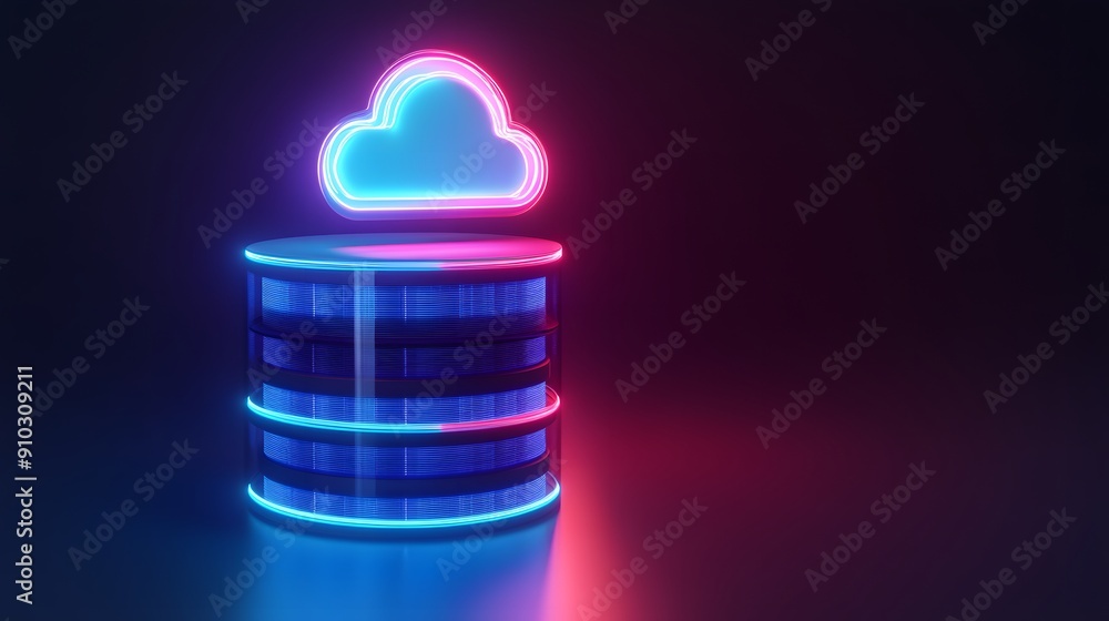 Poster futuristic glowing cloud storage and database concept with neon lights, representing data management