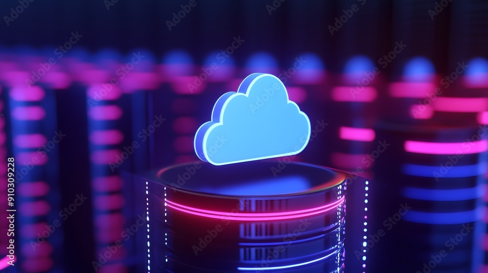 Aufkleber futuristic glowing cloud symbol over server in data center. concept of cloud computing, digital stor