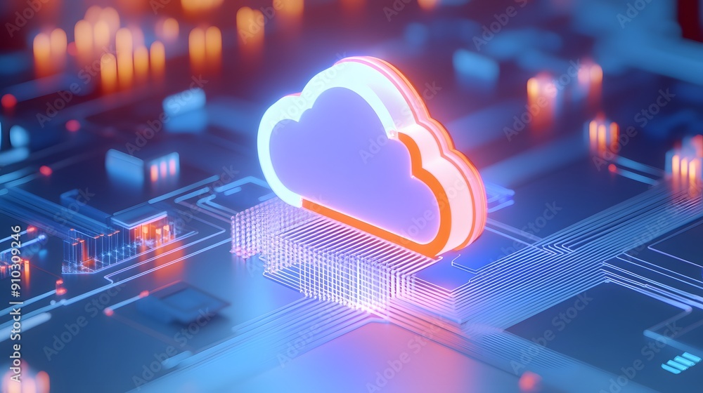 Poster futuristic glowing cloud symbol on a circuit board representing cloud computing, data storage, and t