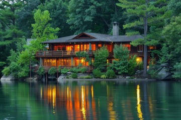 A lakeside house nestled among trees, Imagine the beauty of a serene lakeside retreat surrounded by lush forests., Ai generated