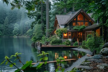 Obraz premium Imagine the beauty of a serene lakeside retreat surrounded by lush forests., Ai generated